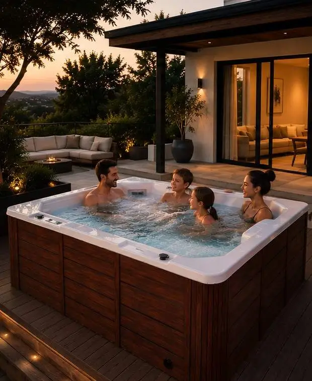 Spa de exterior Buck & Buck en terraza con familia